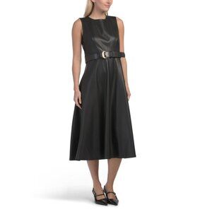 CALVIN KLEIN Black Faux Leather Belted Dress